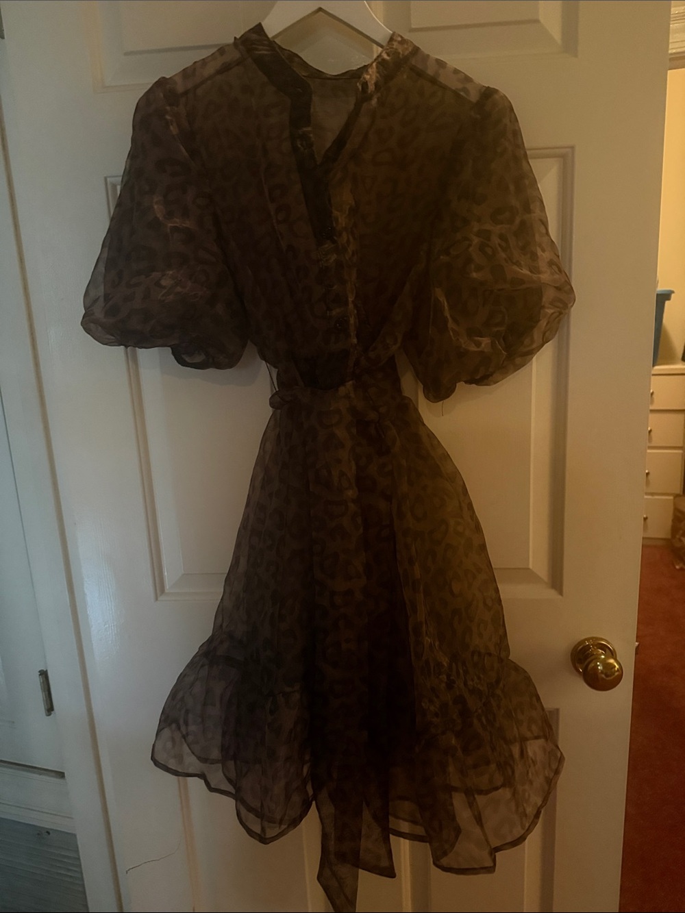 Sheer Brown Leopard Print Puff-Sleeve Dress